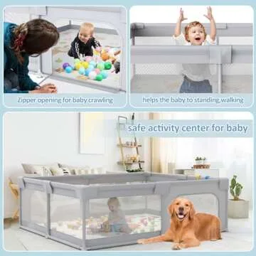 Palopalo 71"x59" Extra Large Baby Playpen, Sturdy Safety Playard for Babies and Toddlers, Baby Activity Center with 8 Suction Cup Bases and Soft Breathable Mesh, Infants Play Pen with Gate, Gray