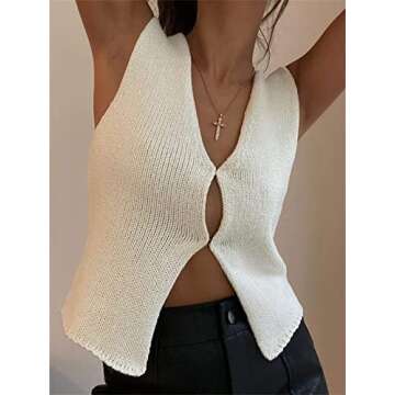 Women Crochet Knit Vest Solid Hollow Out Button Down V Neck Sleeveless Crop Tops Vintage Casual Vers...