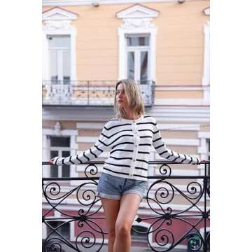 Misakia Women Lightweight Striped Cardigan Sweaters Open Front Knit Cardigan with Pockets Crewneck Sweaters Dressy Casual PAT1 M White Black
