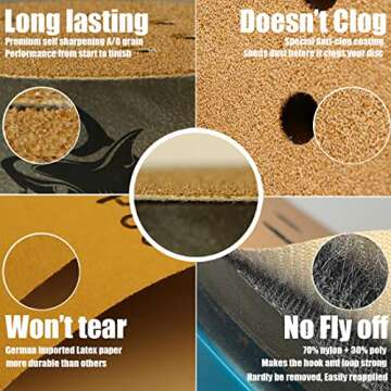 TigerShark 5 Inch 9 Hole Sanding Discs Grit 80/100/120/150/220 Assortment 50pcs Pack Special Anti Clog Coating Paper Gold Line Hook and Loop Dustless Random Orbital Sander Paper Coarse