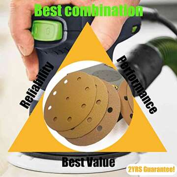 TigerShark 5 Inch 9 Hole Sanding Discs Grit 80/100/120/150/220 Assortment 50pcs Pack Special Anti Clog Coating Paper Gold Line Hook and Loop Dustless Random Orbital Sander Paper Coarse