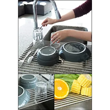 Tomorotec 17.7" x 15.5" Roll Up Dish Drying Rack Over Sink Drying Rack Sink Cover Kitchen Sink Accessories Gadget Multipurpose Organizer Foldable Stainless Steel Drainer (Grey)