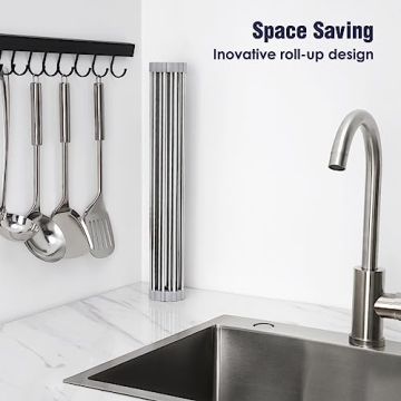 Tomorotec 17.7" x 15.5" Roll Up Dish Drying Rack Over Sink Drying Rack Sink Cover Kitchen Sink Accessories Gadget Multipurpose Organizer Foldable Stainless Steel Drainer (Grey)