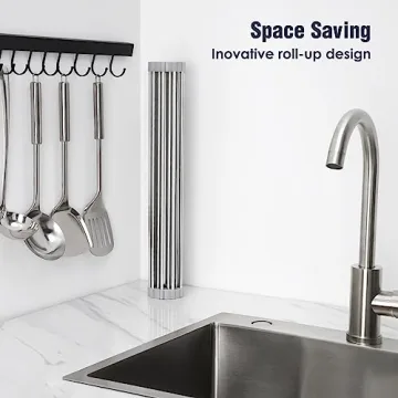 Tomorotec 17.7" x 15.5" Roll Up Dish Drying Rack Over Sink Drying Rack Sink Cover Kitchen Sink Accessories Gadget Multipurpose Organizer Foldable Stainless Steel Drainer (Grey)