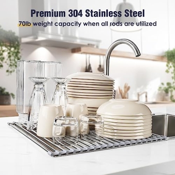 Tomorotec 17.7" x 15.5" Roll Up Dish Drying Rack Over Sink Drying Rack Sink Cover Kitchen Sink Accessories Gadget Multipurpose Organizer Foldable Stainless Steel Drainer (Grey)