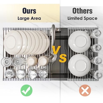 Tomorotec 17.7" x 15.5" Roll Up Dish Drying Rack Over Sink Drying Rack Sink Cover Kitchen Sink Accessories Gadget Multipurpose Organizer Foldable Stainless Steel Drainer (Grey)