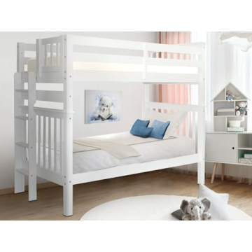 Bedz King Tall Bunk Beds Twin over Twin Mission Style with End Ladder, White
