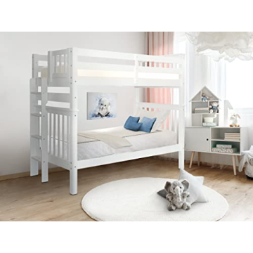 Bedz King Tall Bunk Beds Twin over Twin Mission Style with End Ladder, White