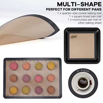 Non-slip Silicone Pastry Mat 3 Set of 1 Quarter + 1 Round & 1 Square Silicone Mats for Baking Mat Fo...