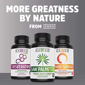 Zhou Thyroid Support Complex with Iodine Supplement, Increase Energy, Fight Brain Fog with Vitamin B12, Iodine, Magnesium, Zinc, Selenium, No Soy, Gluten-Free, 30 Servings, 60 Caps