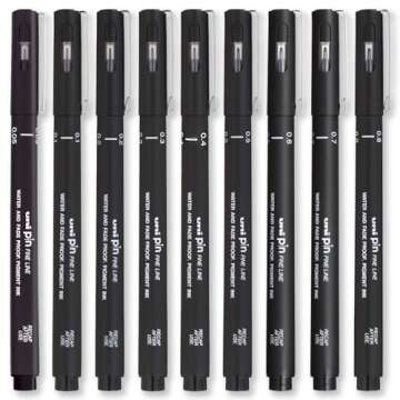 Uni Pin Fineliner Drawing Pen Set of 9 Black Ink with Different Nibs