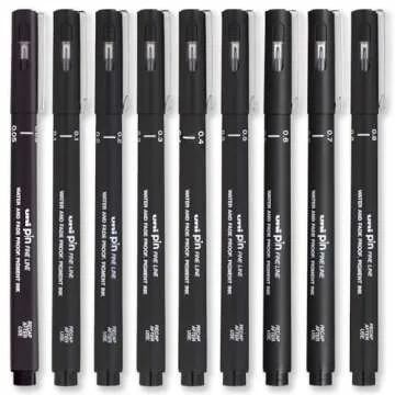 Uni Pin Fineliner Drawing Pen Set of 9 Black Ink with Different Nibs