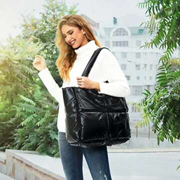 Black Tote Bag Puffer Purses Bag for Women Large Puffer Tote Bag Lightweight Puffer Handbag Quilted Tote Bag Black Puffer Tote With Zipper Puffy Tote Bag Trendy
