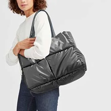 Black Tote Bag Puffer Purses Bag for Women Large Puffer Tote Bag Lightweight Puffer Handbag Quilted Tote Bag Black Puffer Tote With Zipper Puffy Tote Bag Trendy