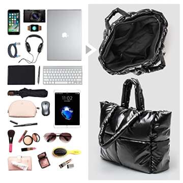 Black Tote Bag Puffer Purses Bag for Women Large Puffer Tote Bag Lightweight Puffer Handbag Quilted Tote Bag Black Puffer Tote With Zipper Puffy Tote Bag Trendy
