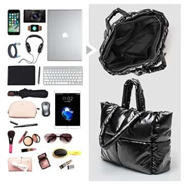 Black Tote Bag Puffer Purses Bag for Women Large Puffer Tote Bag Lightweight Puffer Handbag Quilted Tote Bag Black Puffer Tote With Zipper Puffy Tote Bag Trendy