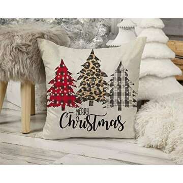 Fbcoo Merry Christmas Decorative Throw Pillow Cover, Xmas Cushion Case Buffalo Plaid Check Trees Home Decorations Sign, Winter Holiday Pillowcase Leopard Decor for Sofa Couch 18 x 18 Cotton Linen