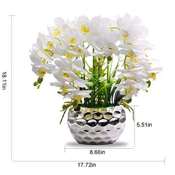 Fleanil Faux Orchid Flowers with Silver Ceramic Vase
