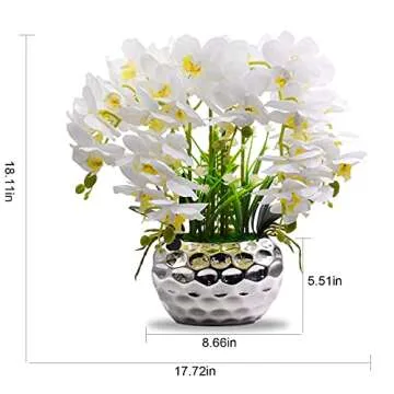 Fleanil Faux Orchid Flowers with Silver Ceramic Vase