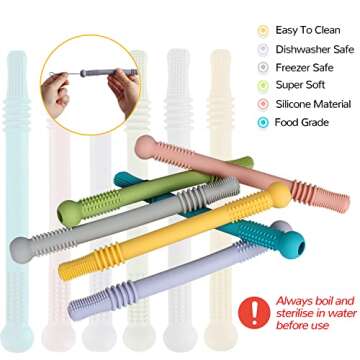 Yinghezu Hollow Teether Tubes, 6 Pack Chew Straw Toy for Infant Toddlers Silicone Teething Toys for ...
