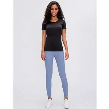 LUYAA Short Sleeves Running Tops for Women Fashion Athletic Gym Yoga Workout Shirts Seamless Slim Fit Black L