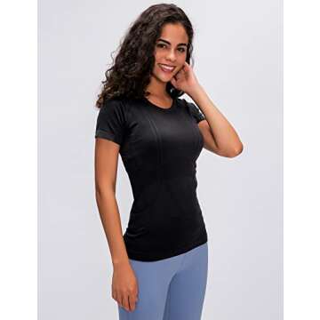 LUYAA Short Sleeves Running Tops for Women Fashion Athletic Gym Yoga Workout Shirts Seamless Slim Fit Black L