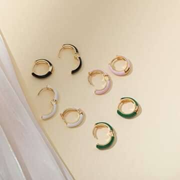 Lourny Small Hoop Earrings for Women, 18K Gold Plated Hypoallergenic Cute Enamel Huggie Earring Gifts for Women (White)