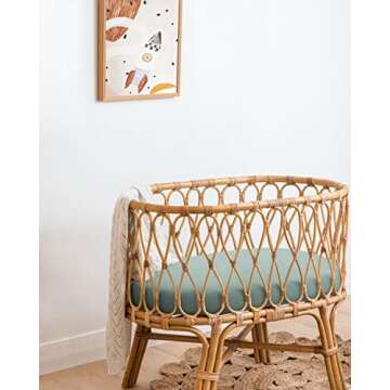 Blissful Diary Muslin Bassinet Sheets for Baby Girls Boys, Boho Soft Cotton Fitted for Oval Hourglass Rectangle Mattress, 2 Pack(Roman Green&Leaf)