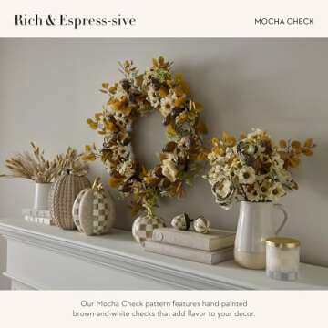 MACKENZIE-CHILDS Decorative Acorns, Resin Acorn Fall Decor for Kitchen and Home, Set of 2, Brown-and-White Mocha Check