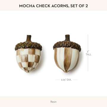 MACKENZIE-CHILDS Decorative Acorns, Resin Acorn Fall Decor for Kitchen and Home, Set of 2, Brown-and-White Mocha Check
