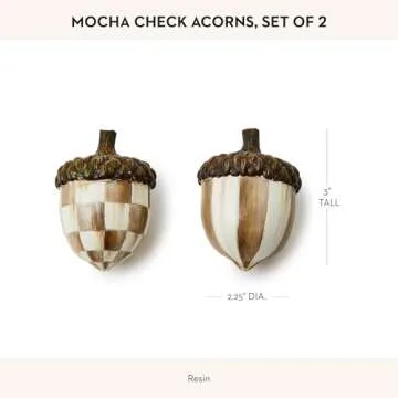 MACKENZIE-CHILDS Decorative Acorns, Resin Acorn Fall Decor for Kitchen and Home, Set of 2, Brown-and-White Mocha Check