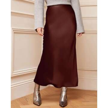 Amy Babe Women's Satin High Waisted Side Split Maxi Skirt Elastic Waistband Elegant Work Skirts Party Wedding Flared A-Line Skirts Chocolate Medium
