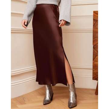Amy Babe Women's Satin High Waisted Side Split Maxi Skirt Elastic Waistband Elegant Work Skirts Party Wedding Flared A-Line Skirts Chocolate Medium
