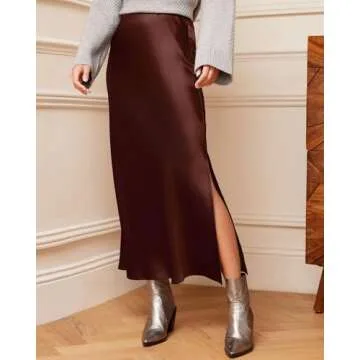Amy Babe Women's Satin High Waisted Side Split Maxi Skirt Elastic Waistband Elegant Work Skirts Party Wedding Flared A-Line Skirts Chocolate Medium