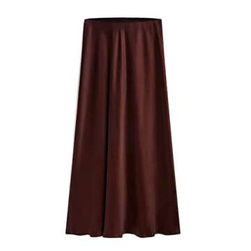 Amy Babe Women's Satin High Waisted Side Split Maxi Skirt Elastic Waistband Elegant Work Skirts Party Wedding Flared A-Line Skirts Chocolate Medium