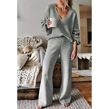AOHITE Womens Knit Sweater Pajamas Set V-neck Pullover Tops Wide Leg Pants Sleepwear Loungewear Outf...