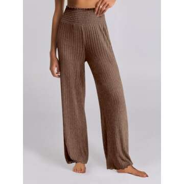 ANRABESS Women 2 Piece Lounge Pajamas Sets Casual Ribbed Knit Long Sleeve Top Pants Matching Set 2025 Fall Outfits Clothes Brown Medium