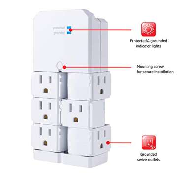 GE Pro 6-Outlet Extender Surge Protector with Swivel Outlets, Wall Tap Adapter, 90 Degree Rotation, 1080 Joules, Warranty, UL Listed, White, 37063