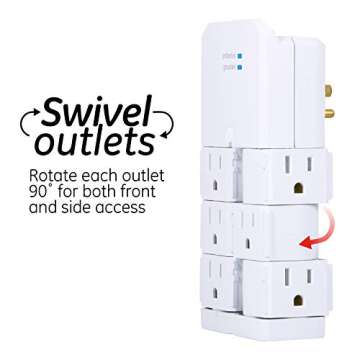 GE Pro 6-Outlet Extender Surge Protector with Swivel Outlets, Wall Tap Adapter, 90 Degree Rotation, 1080 Joules, Warranty, UL Listed, White, 37063