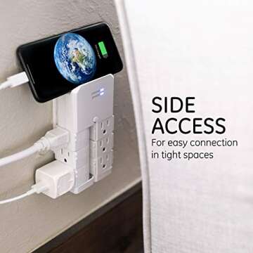GE Pro 6-Outlet Extender Surge Protector with Swivel Outlets, Wall Tap Adapter, 90 Degree Rotation, 1080 Joules, Warranty, UL Listed, White, 37063