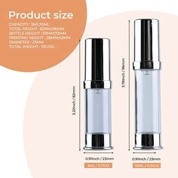 longway 6Pcs 10 ml Silver Airless Pump Bottles Travel Lotion Vaccum Bottles Empty Small Travel Size Bottles for Serum Foundation