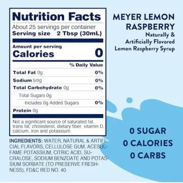 Jordan's Skinny Mixes Sugar Free Syrup, Meyers Lemon Raspberry Flavor, Fruit Flavored Water Enhancer, Drink Mix for Ice Tea, Lemonade & More, Zero Calorie Flavoring, Keto Friendly, 25.4 Fl Oz, 1 Pack