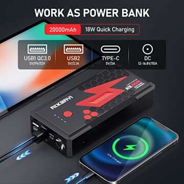3000A Peak Car Battery Jump Starter, Up to 10.0L Gas and 8.0L Diesel Engines, ATKMAYI 20000mah Car Battery Booster Pack, Portable Jump Starter Box with Type-C Quick Charger 3.0 and LED Light