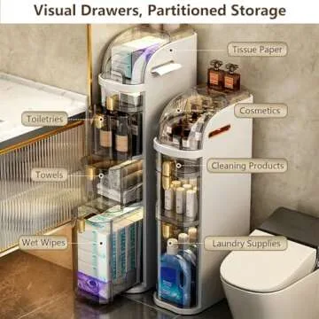 Lozovin 3-Tiers Narrow Bathroom Floor Storage Cabinet 7.1″ Plastic Drawers Organizer with Tissue Box and Wheels Slim Waterproof Bathroom Cabinet for Small Kitchen Laundry Living Room Toilet Gap