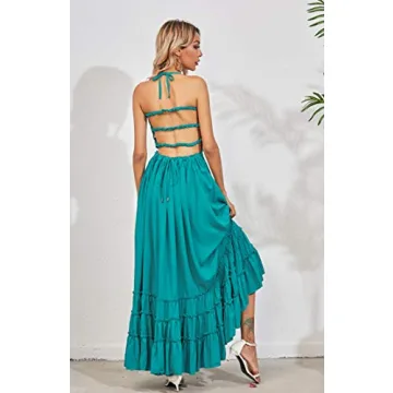 R.Vivimos Womens Summer Boho Sexy Backless Long Dresses (Medium, Turquoise)