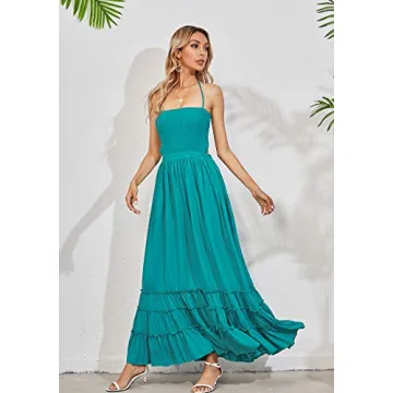 R.Vivimos Womens Summer Boho Sexy Backless Long Dresses (Medium, Turquoise)
