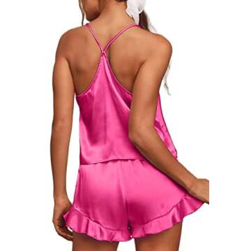 CHYRII Women's Satin Silk Ruffle Pajama Set - Neon Pink
