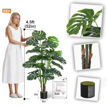 Aveyas 54'' Tall Large Artificial Monstera Deliciosa Plants, 4.5 Feet Faux Swiss Cheese Floor Plants...