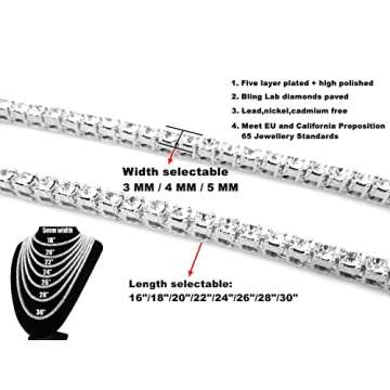HH BLING EMPIRE Gold Silver Iced Out Diamond Tennis Chain Necklace for Men Women, Rhinestone Tennis Necklaces for Women and Teens, Bling Round Cuibc Zirconia Necklace Chains (5mm-Silver-18)