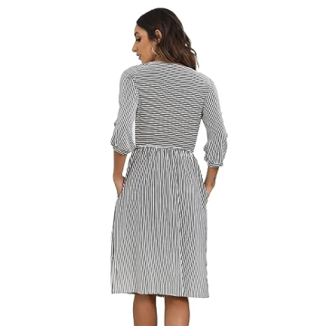 MEROKEETY Striped Balloon Sleeve Midi Dress